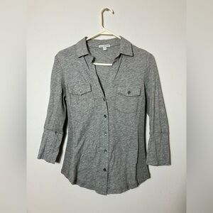 James Purse button Front  Top‎ Sz S gray  3/4 Sleeves Cotton Casual